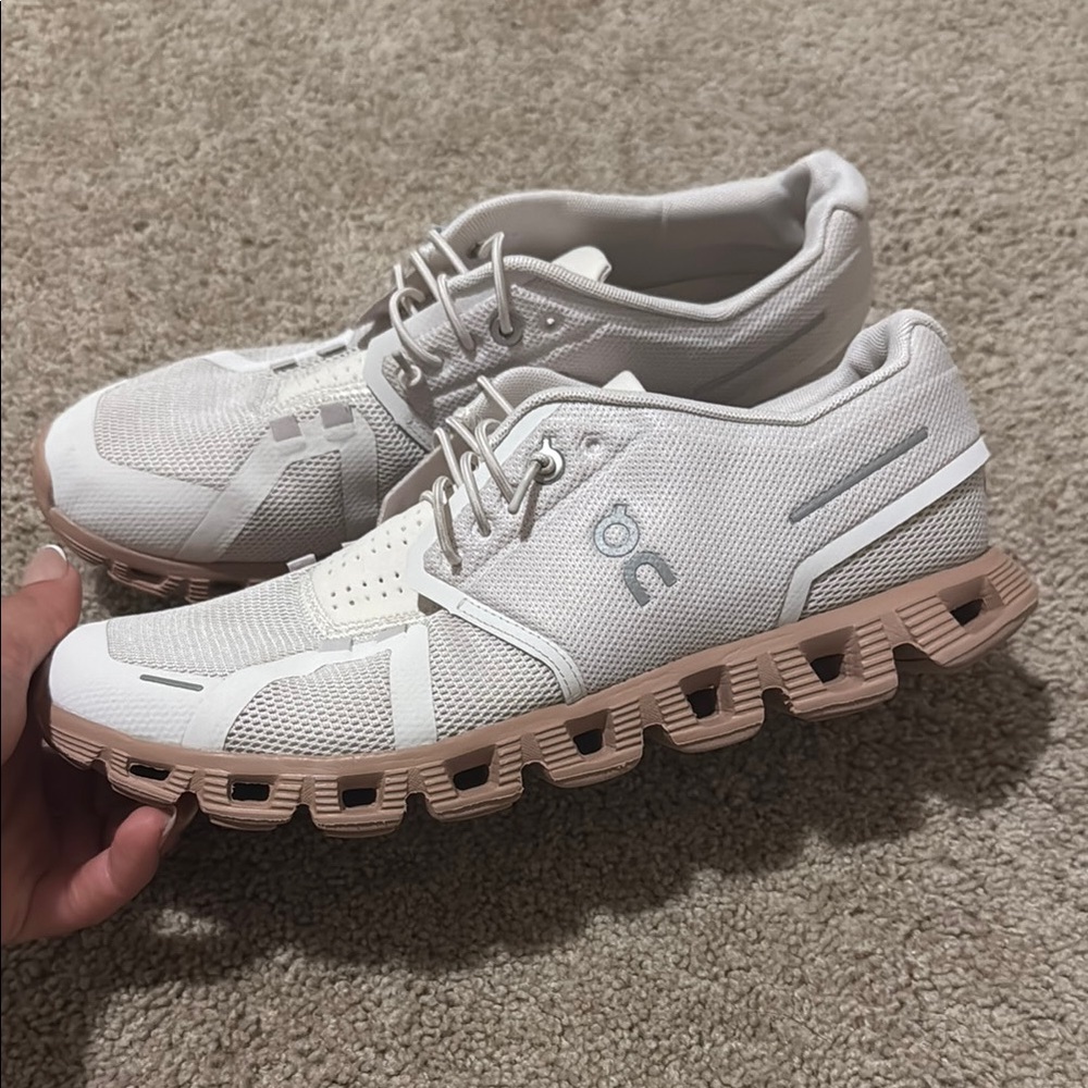 On Running White and Tan Sneakers